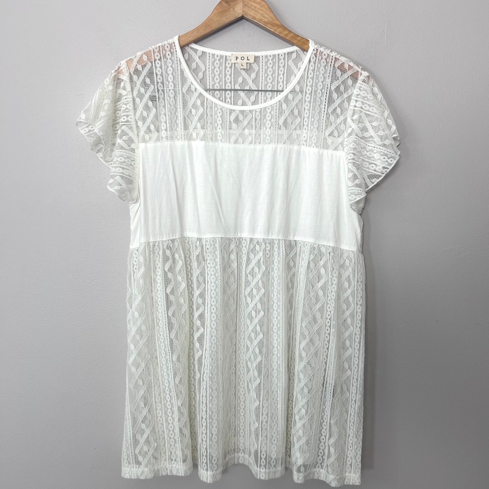 POL Lace Babydoll Tunic Top Women Large Cream Flutter Short Sleeve Boho Romantic